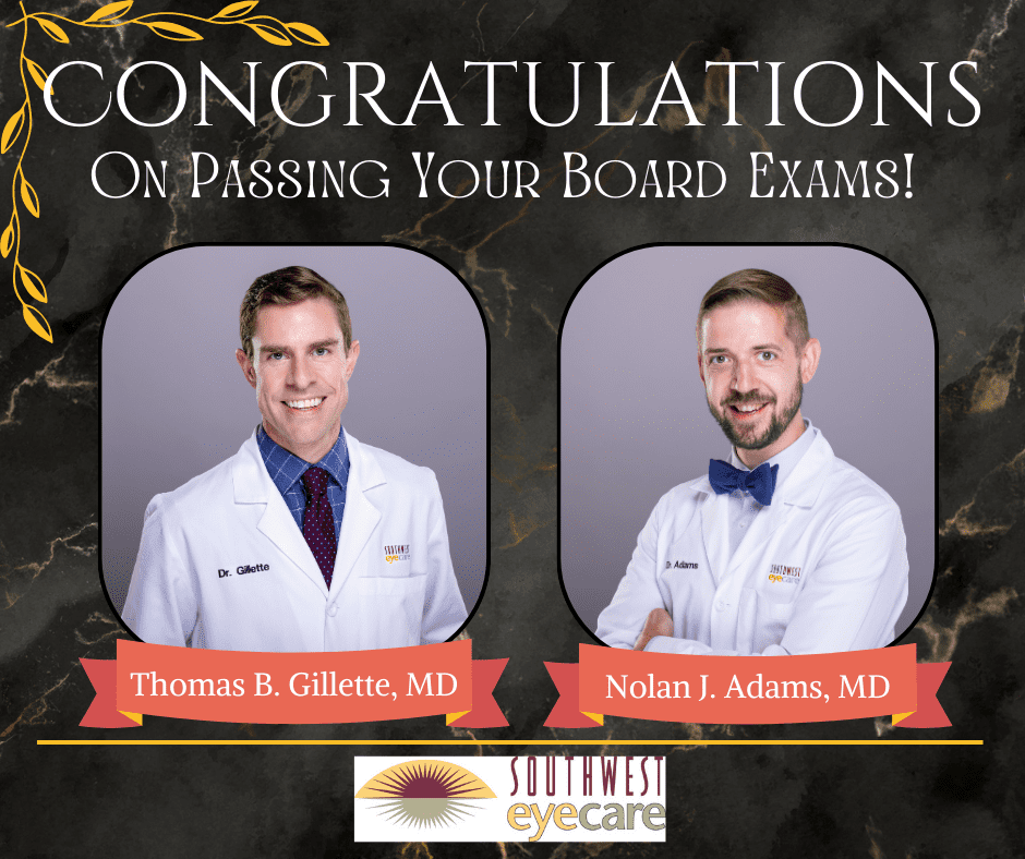 Graphic announcement that Dr. Gillette and Dr. Adams have successfully passed their Board Exams!